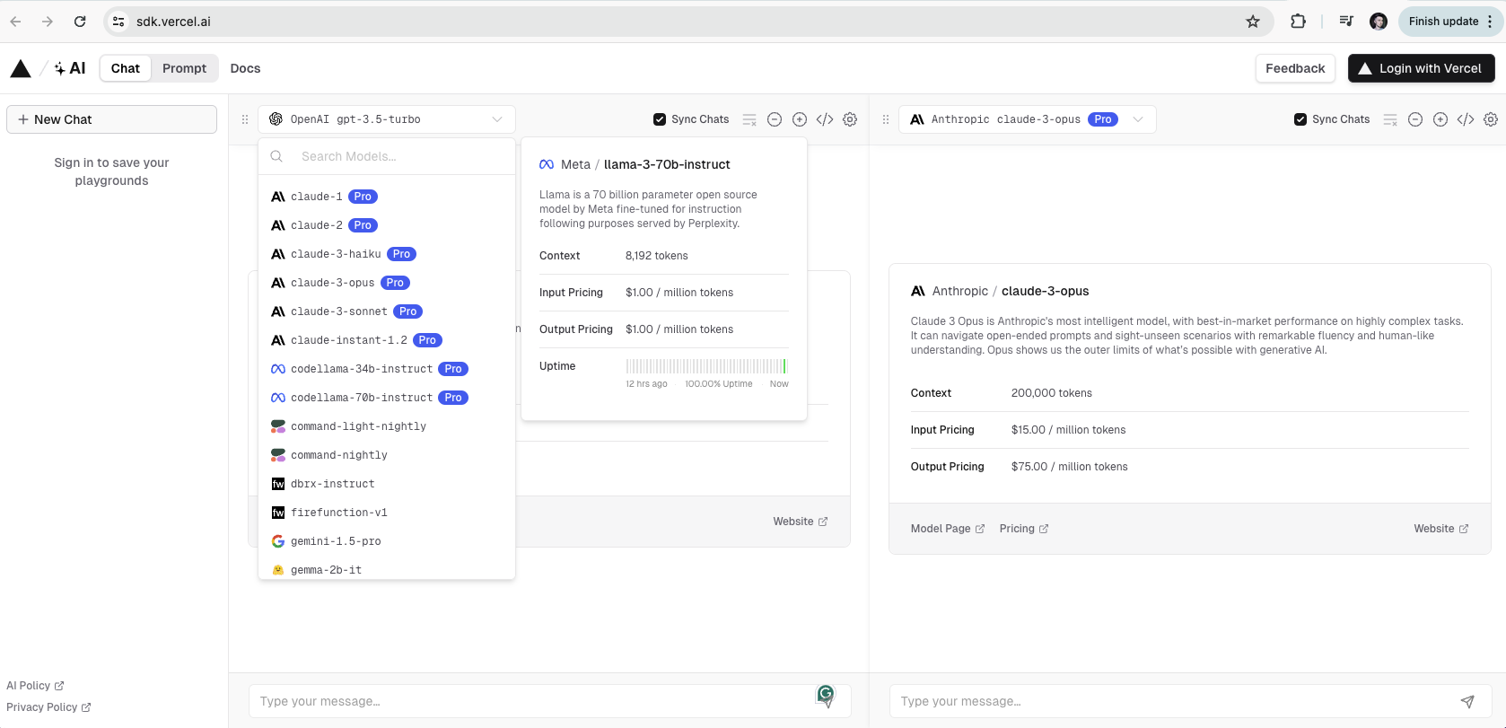 Free LLM Playground from Vercel AI